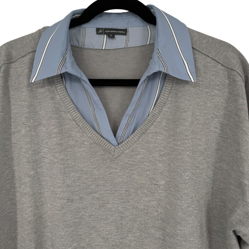 Adrianna Papell Womens 2-in-1 Mixed Media Layered Sweater Top Gray Blue Size 2X - Picture 6 of 14
